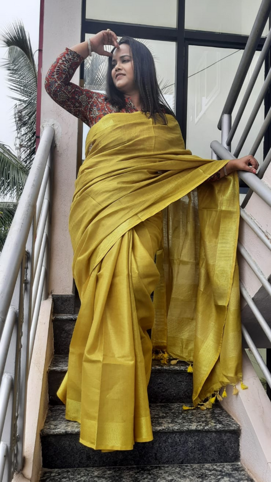 Hand Dyed Pure Tissue Linen Saree Golden Colour With Running Blouse-Indiehaat