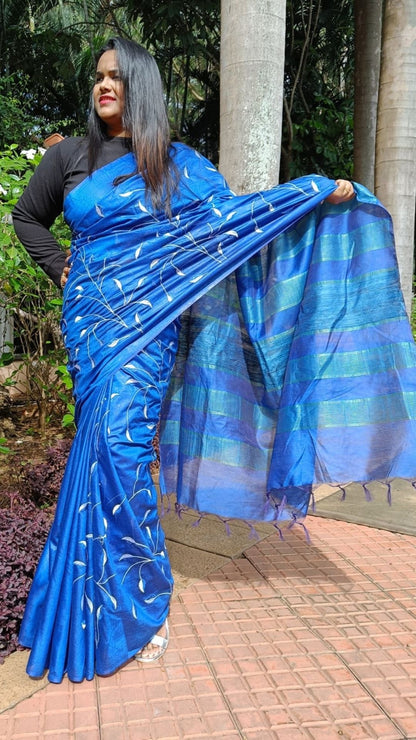 Silkmark Vibrant Eri Tussar Silk Embroidered Blue Saree