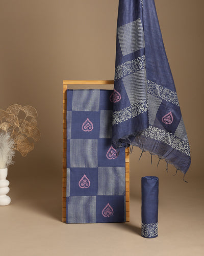 Katan Silk Decorous Blockprint Blue Suit