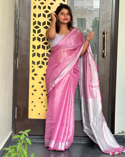 Alluring Pure Tissue Linen Pink Handdyed Saree