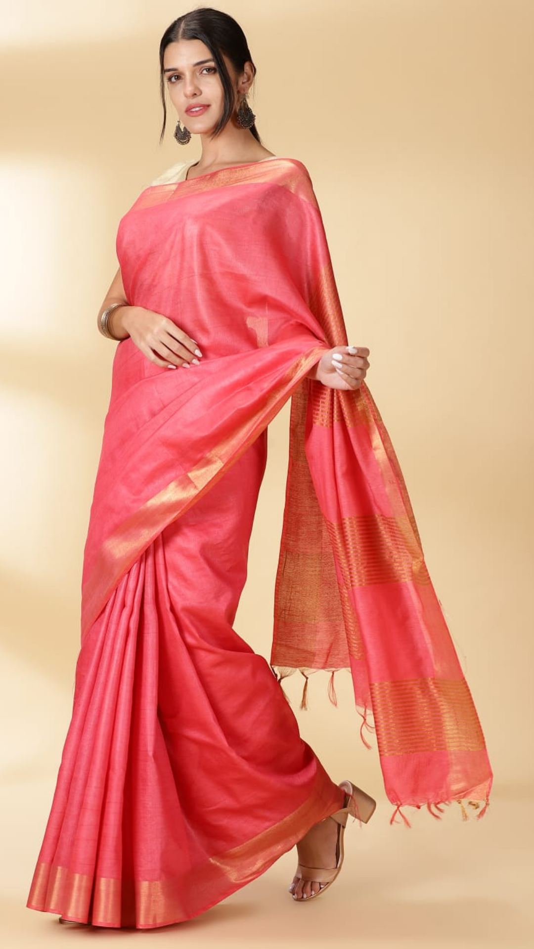 Handloom Jayashree Silk Saree Rose Red Color with Running Blouse-Indiehaat