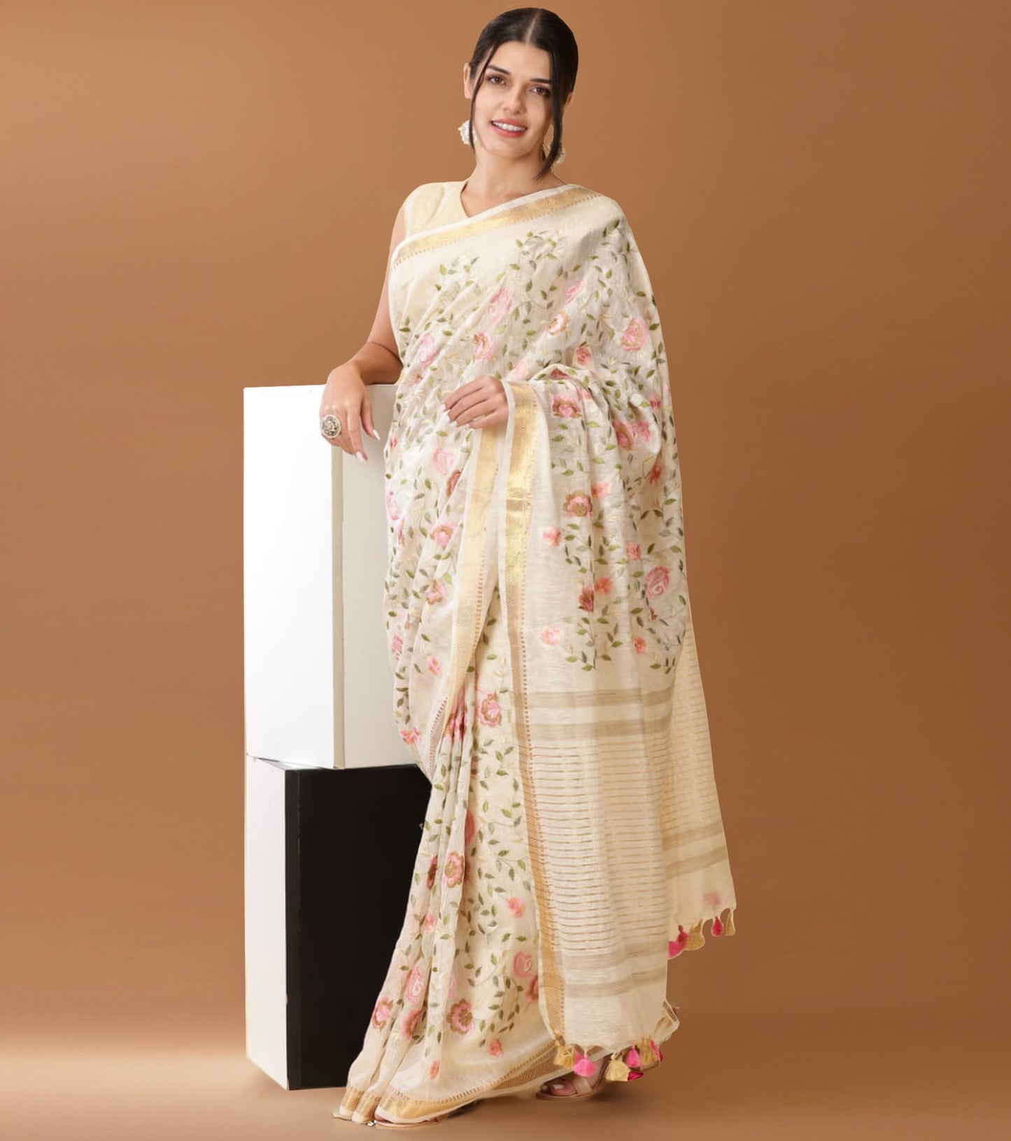 Luminous Silk Linen Embroidered Off White Saree