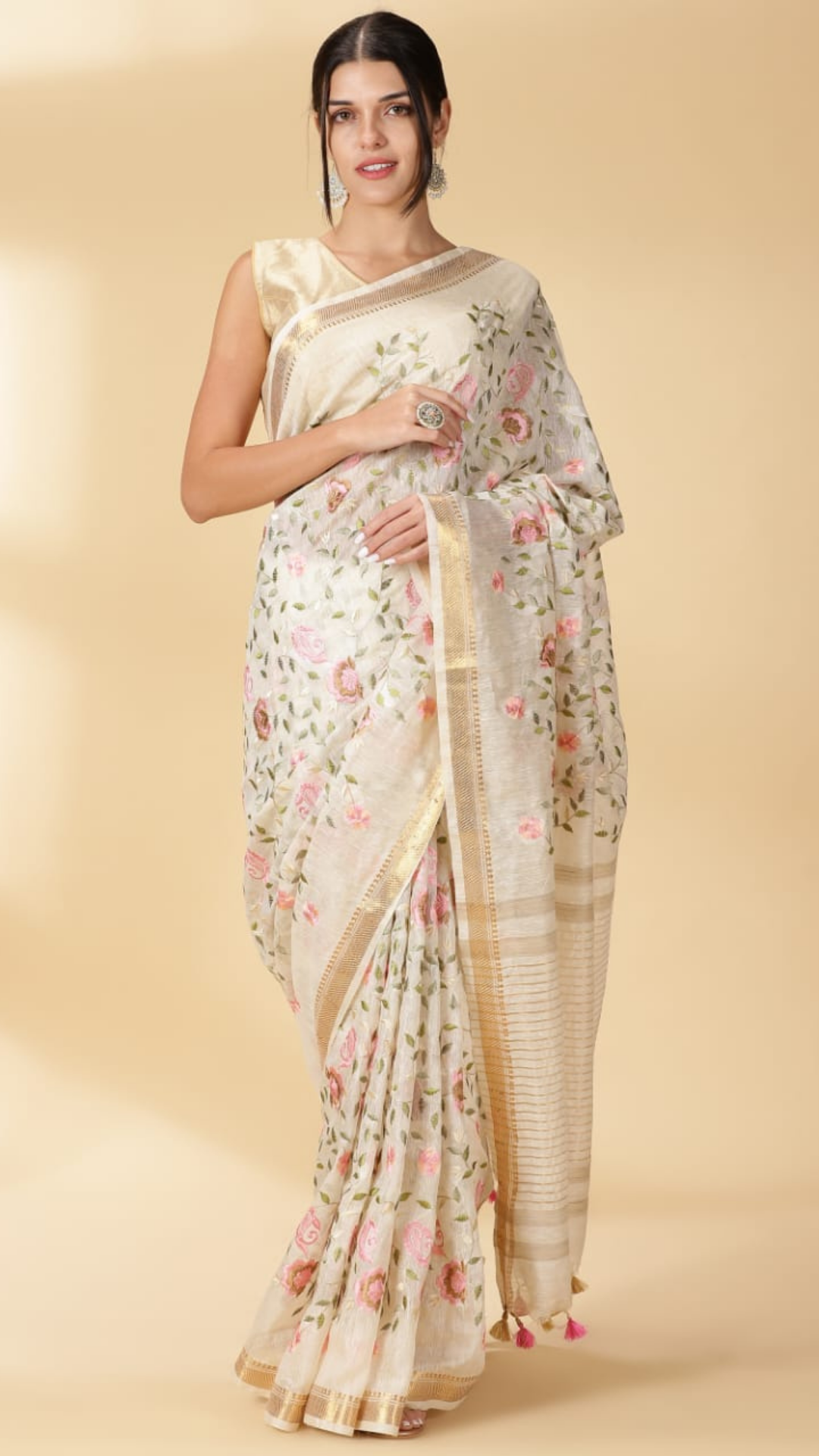 Silk Linen Embroidered Handloom Off White Saree with Blouse-Indiehaat
