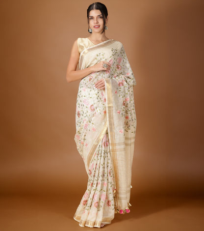 Luminous Silk Linen Embroidered Off White Saree