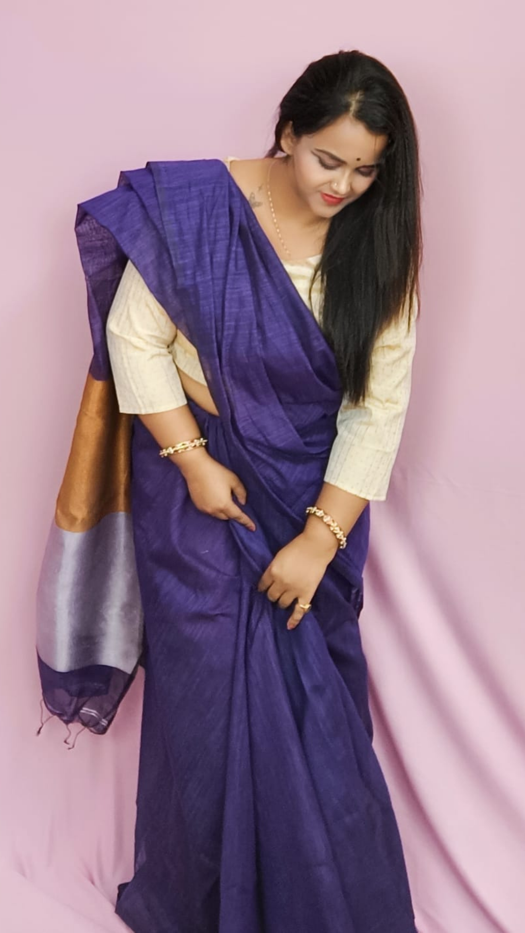Silk Linen Plain Saree Blue Colour with contrast border and attached  Running Blouse Violet Purple colour saree (Any Colour  Customizable)-Indiehaat –