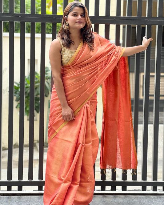Hand Dyed Pure Tissue Linen Red Saree With Running Blouse Hand Dyed-Indiehaat