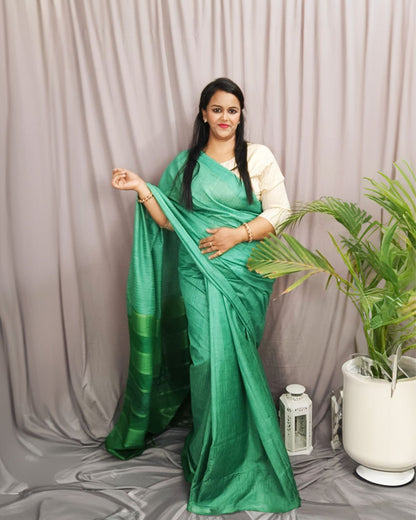 Silkmark Eri Silk Tussar Striped Green Saree