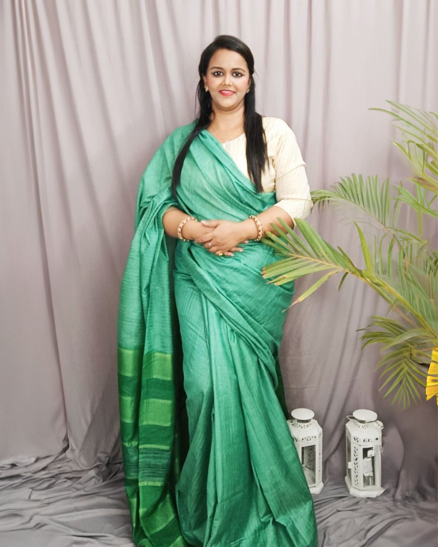 Silkmark Eri Silk Tussar Striped Green Saree
