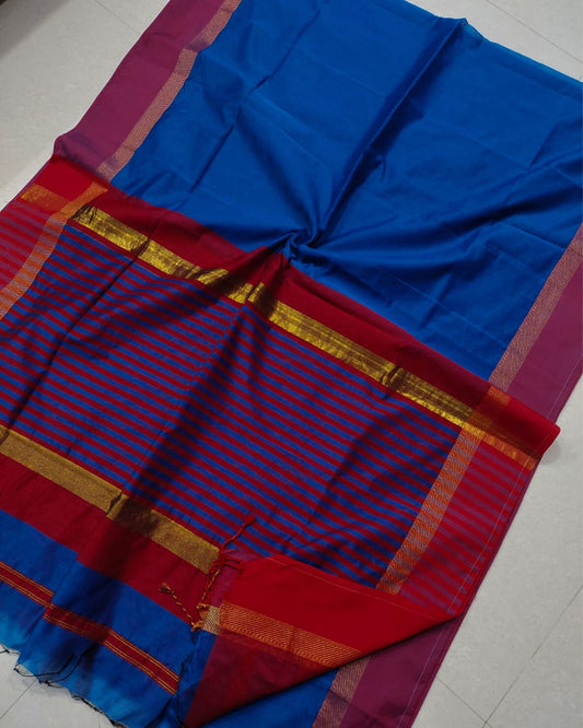 Pure Maheshwari Silk Saree Royal Blue & Red Pallu