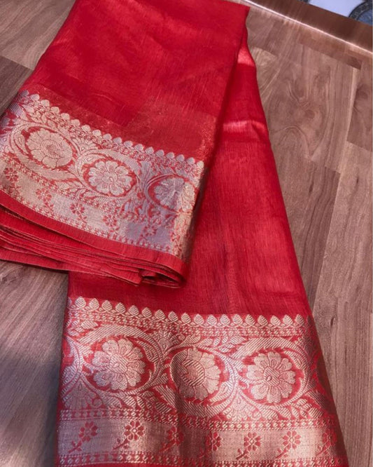 Impressionistic Banarasi Silk Linen Red Handloom Saree