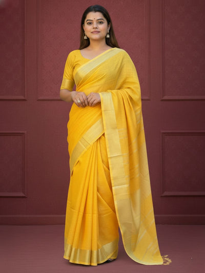Melodic Handwoven Pure Linen Yellow Saree