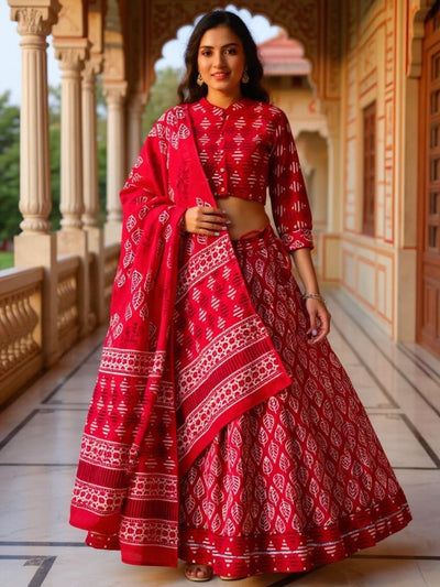 Festive Fusion Dabu Blockprinted Red Lehanga Choli