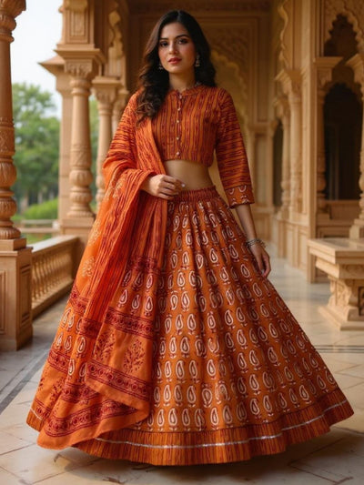 Festive Fusion Dabu Blockprinted Orange Lehanga Choli