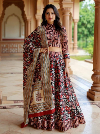 Festive Fusion Blockprinted Black & Red Lehanga Choli