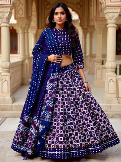 Festive Fusion Dabu Blockprinted Blue Lehanga Choli