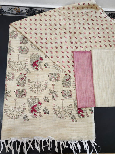 Neat Madhubani Khadi Cotton Suit Beige & Mauve Pink