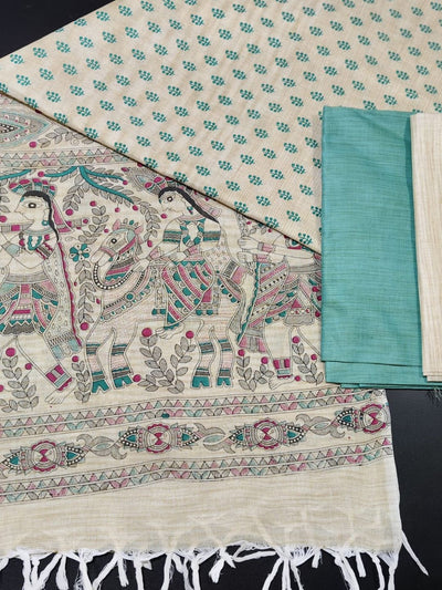 Chic Madhubani Khadi Cotton Suit Beige & Teal Green