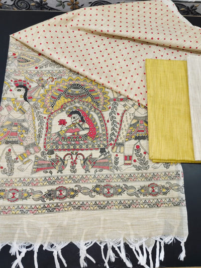 Elegant Madhubani Khadi Cotton Suit Beige & Warm Yellow