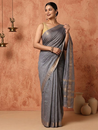 Rang Sutra Handdyed Kota Silk Zari Striped Saree Gray