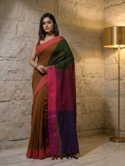 Nirmal Pure Khadi Cotton Sequence Saree Mustard