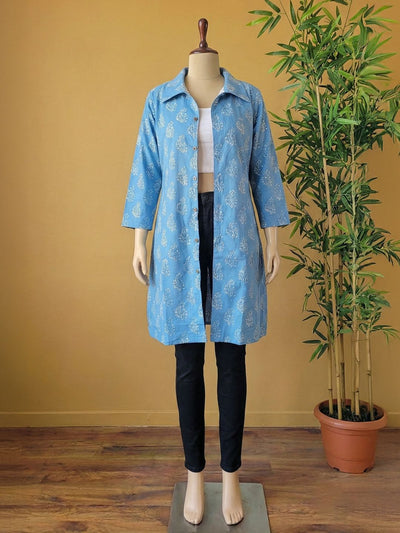 Avaran Roop Pure Cotton Blockprint Winter Jacket Sky Blue