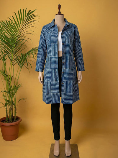 Avaran Roop Pure Cotton Blockprint Winter Jacket Indigo Blue