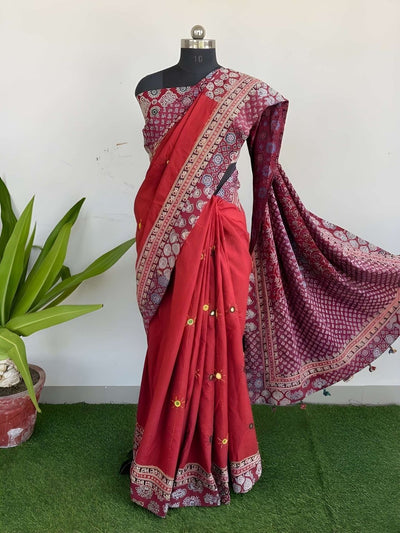 Ruh Leher Pure Mul Cotton Saree Brick Red