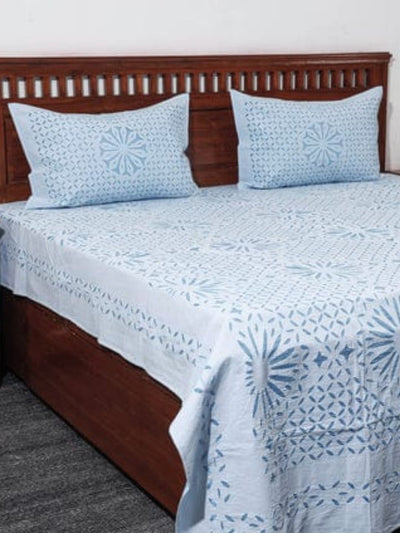 Aavaran Applique Double Bedsheet Pale Blue