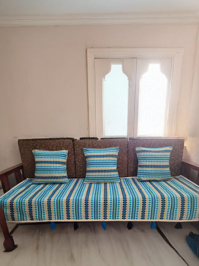 Khamma Ghani Jaquard Sofa Throw & Cushion Cover Sky Blue