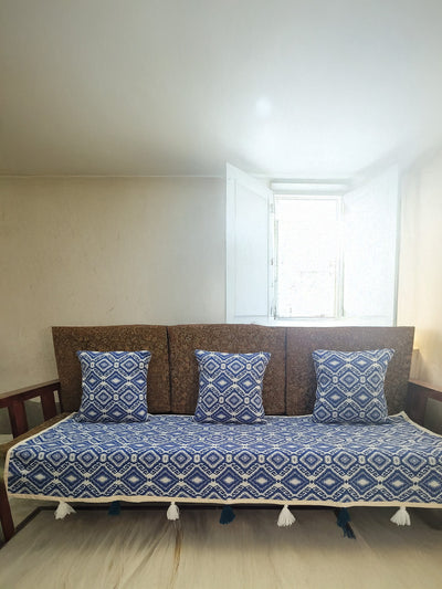 Khamma Ghani Jaquard Sofa Throw & Cushion Cover Indigo