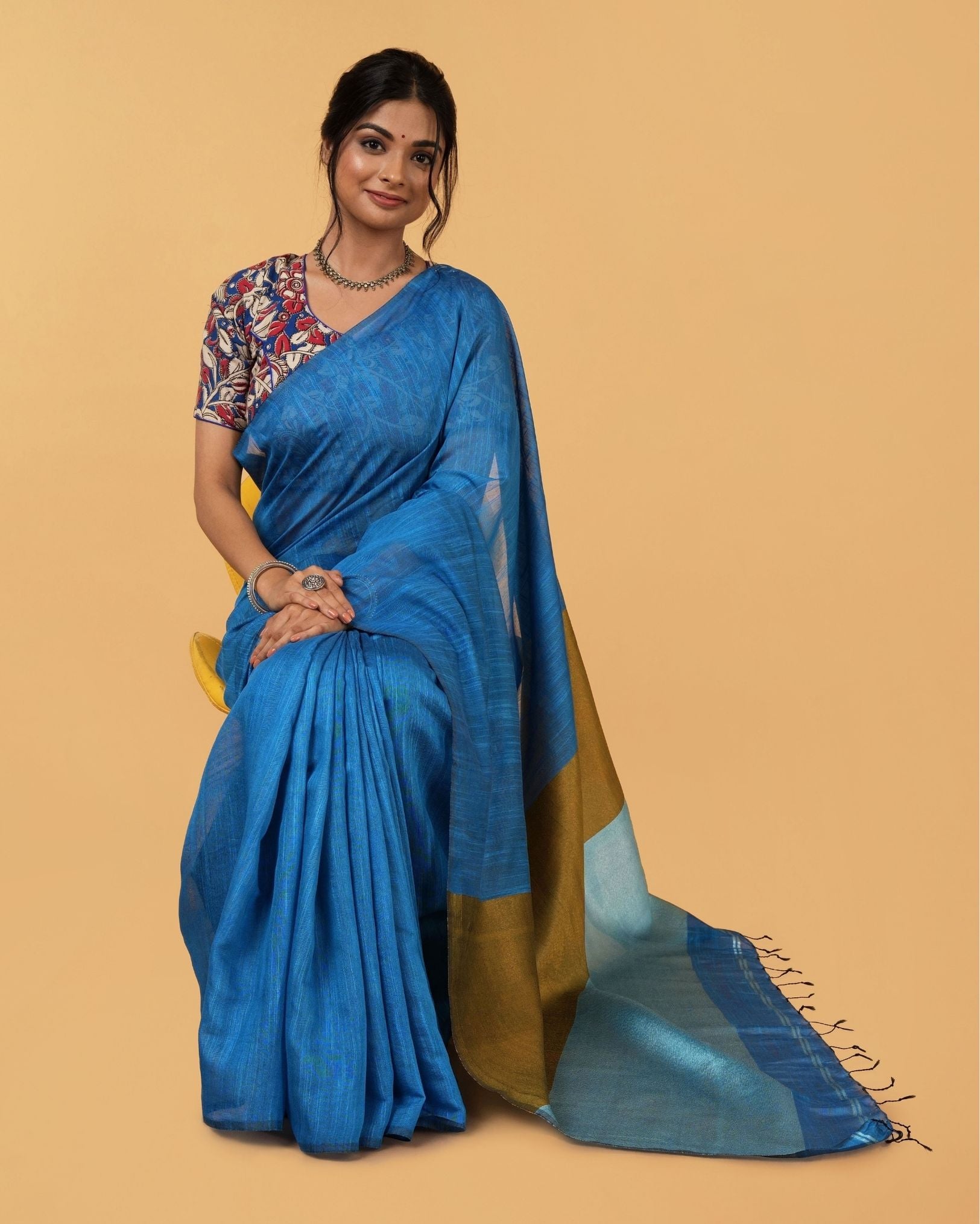 Silk Linen Plain Saree Sky Blue Color with contrast border and