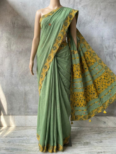 Anvaya Pure Mul Cotton Ajrakh Saree Sage Green