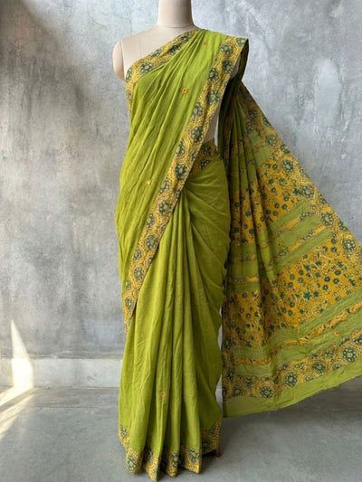 Anvaya Pure Mul Cotton Ajrakh Saree Lime Green