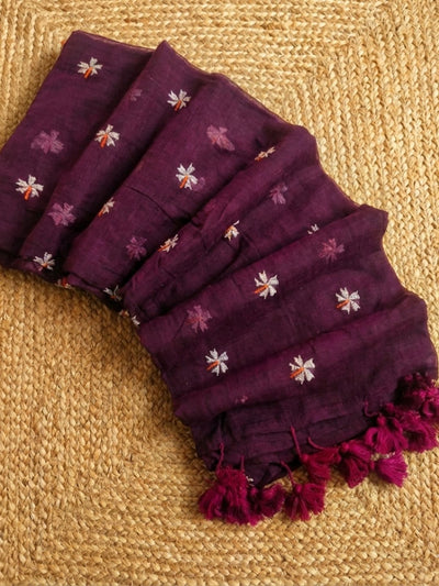 Hawa Hawai Embroidery Pure Mul Cotton Saree Deep Wine