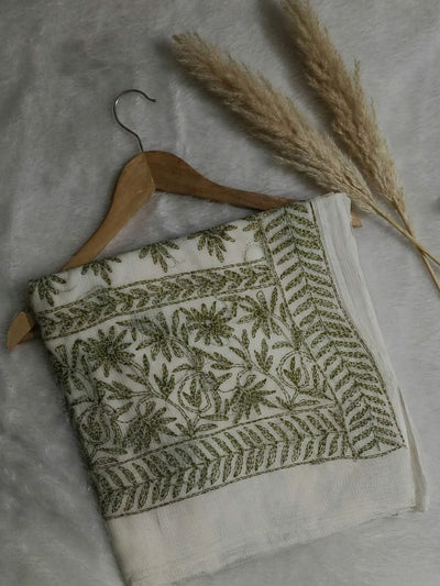 Nazakat Kota Doria Chikankari Saree White & Green