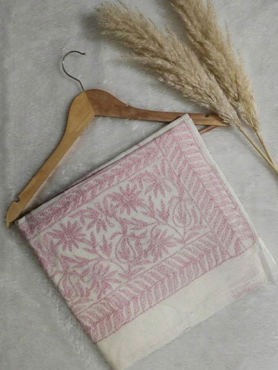 Nazakat Kota Doria Chikankari Saree White & Baby Pink