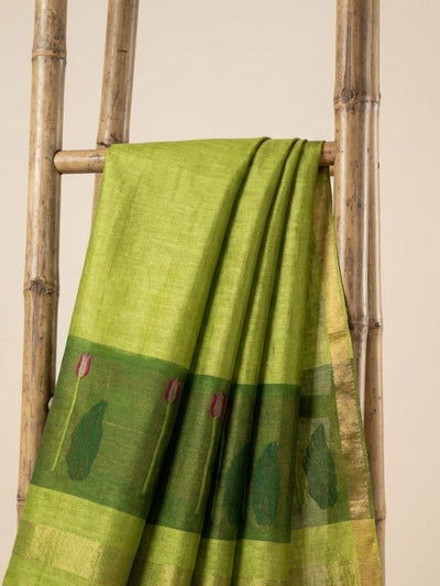 Iraaya Handloom Pure Jayashree Silk Linen Saree Lime Green