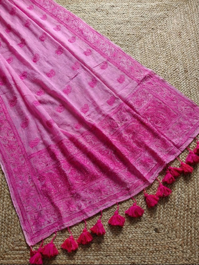 Hawa Hawai Chikankari Pure Mul Cotton Saree Candy Pink