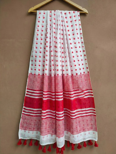 Hawa Hawai Pure Mul Cotton Handloom Saree White & Red