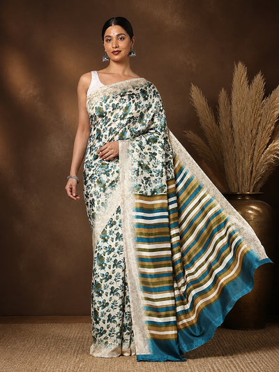 Off White & Teal Striped-Pallu Kashmiri Silk Printed Saree | Patjhad