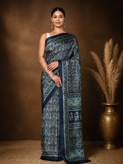 Dark Blue Paisley Kashmiri Silk Printed Saree | Manzil