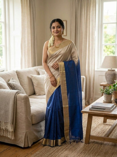 Handloom Kota Silk Beige & Royal Blue Saree