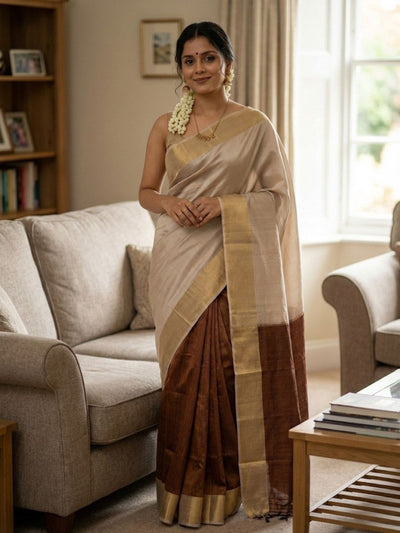 Handloom Kota Silk Beige & Choco Brown Saree