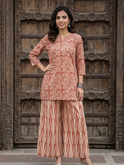 Ruhika Blockprinted Pure Cotton Co-Ord Set Rust Red