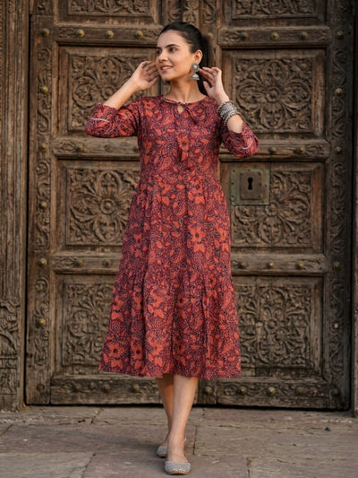 Avyra Cotton Blockprinted Frill Dress Rusty Maroon