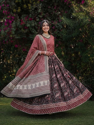 Festive Fusion Blockprinted Black & Red Lehanga Choli Set (Last Piece)