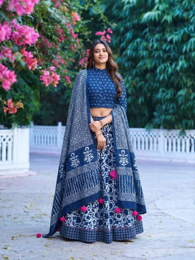 Glowing Blockprinted Stitched Cotton Blue Lehanga Choli Set