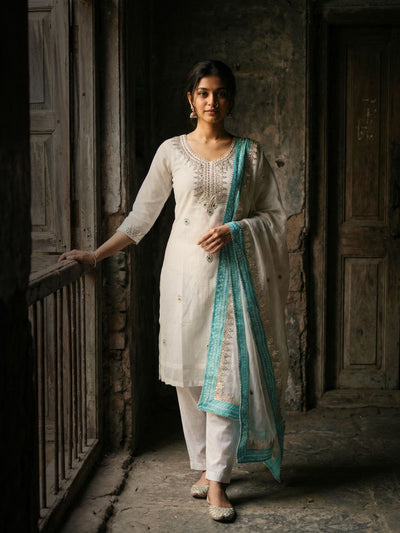 Rajsi Dhaaga Kota Doria Gota Patti Stitched Suit White
