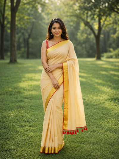 Ojasvi Mul Cotton Handloom Plain Cream Saree