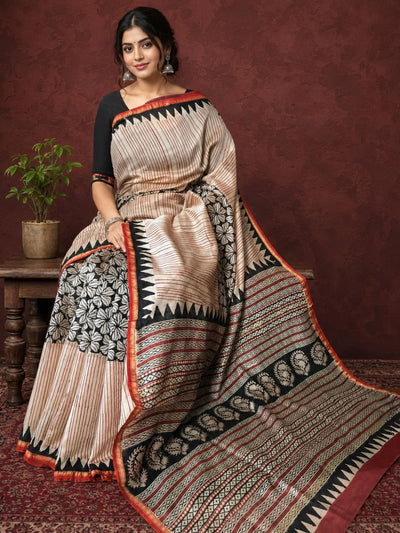 Kalamkari Vaibhav Chanderi Silk Saree Bran Beige